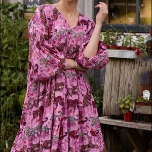 Printfresh Day Tripper Dress Size L Feline Fatale Cotton Tassel Tiered Midi Boho